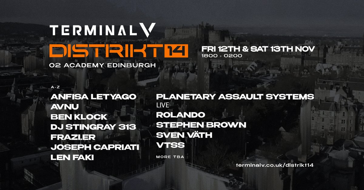 EdinburghCornEx's tweet photo. .@TerminalVFest I Distrikt 14 presents techno legends @BenKlock, @svenvaeth, @josephcapriati, @lenfaki, @reallukeslater's #PlanetaryAssaultSystems (LIVE) & more on Fri 12-Sat 13 Nov!
On O2? Priority Tickets on sale 12pm Fri 15 Oct & 9am Mon 18 Oct at @TicketmasterUK #terminalv https://t.co/Wnl7b8ZXi4