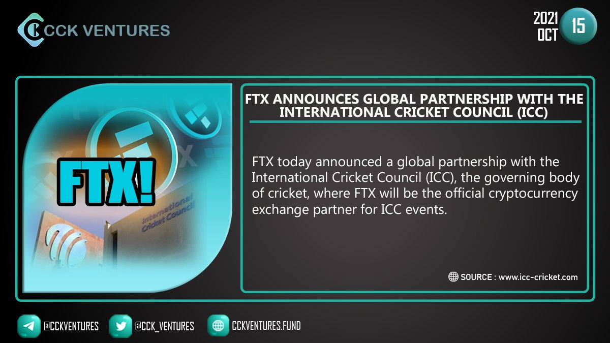 CCK_ventures's tweet photo. FTX announces global partnership with the International Cricket Council (ICC)

@SBF_FTX @FTX_Official
@ICC  #ICC #Cricket #T20WorldCup21 #FTX 

Join CCK
✅Group: https://t.co/TCxfYZthhv
✅Channel: https://t.co/7eVh8snEcC https://t.co/Z9ygohbuSE