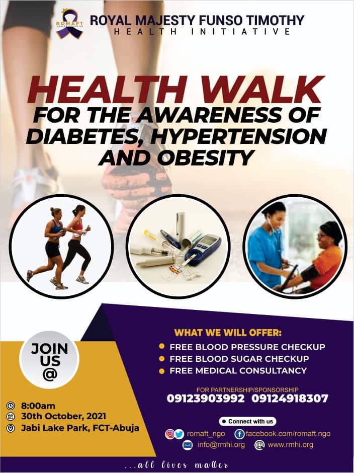Whether you're fit or not come join #AbujaHealthWalk a 5Km walk brought to you by ROMAFT. 

There'd be free medical consultancy, sugar &amp; BP checks too. 

Time: 7am
Date: 30th Oct.
📍 Jabi Lake Park