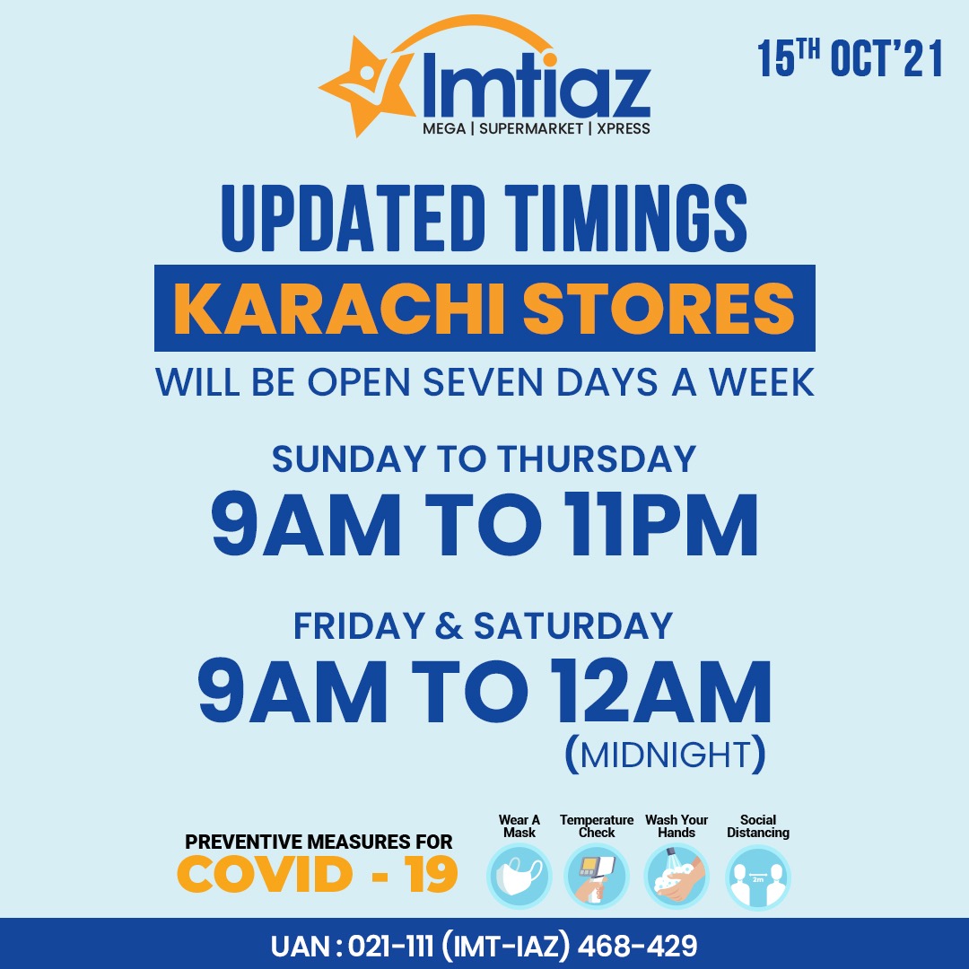 imtiazstores's tweet photo. All Imtiaz Stores in Karachi will now serve you well during our updated hours💙🧡 So shop conveniently as much as you want and don’t forget to follow Covid-19 SOPs😷 #ImtiazStores #UpdatedTimings https://t.co/dmQZBCFaP3