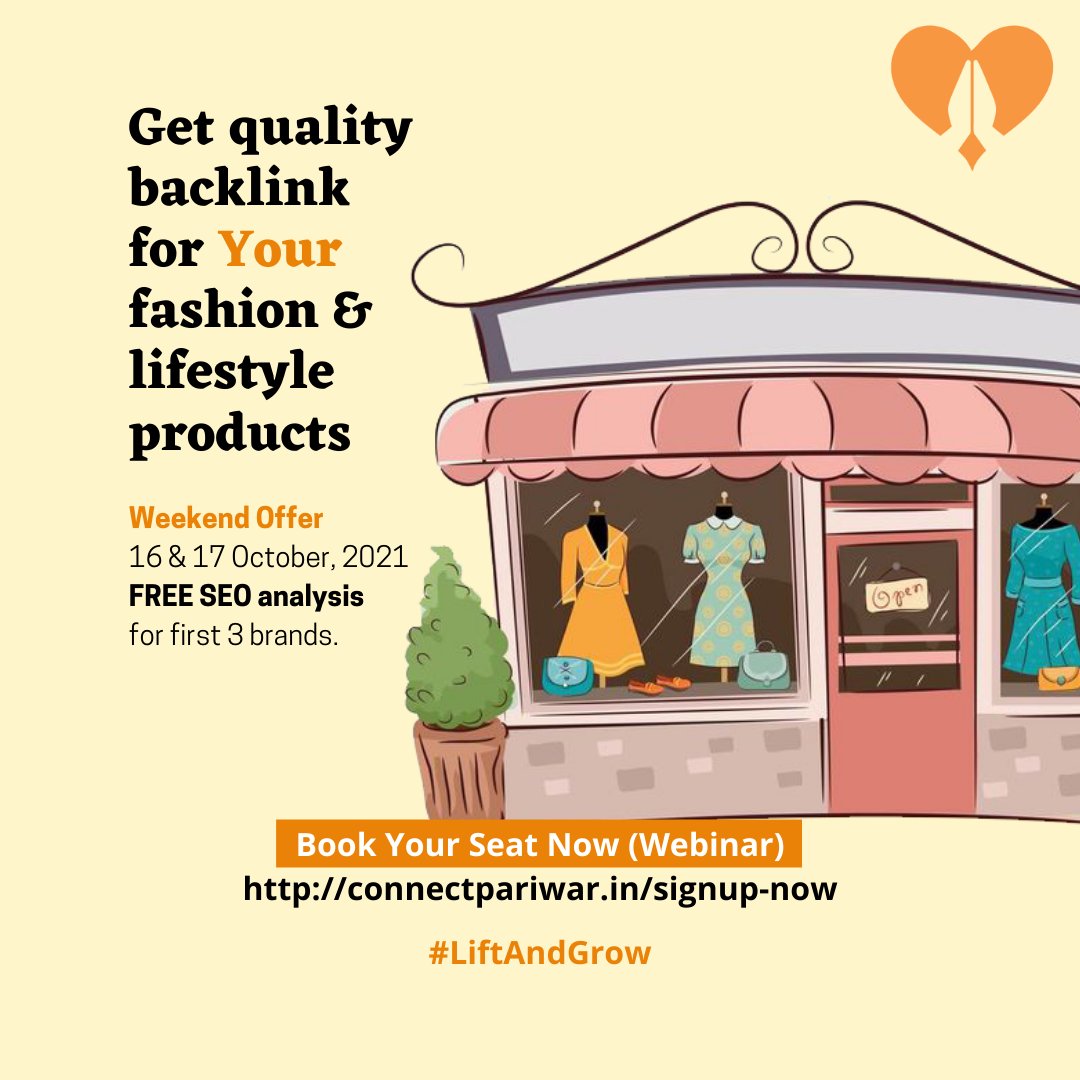 ConnectPariwar's tweet photo. #WeekendOffer | 16 &amp; 17 October, 2021
🚀 FREE #SEO analysis for first 3 #brands
🚀 Get quality #backlink for Your #fashion and #lifestyle products

Book Your Seat Now (Webinar) | https://t.co/C3wENA3lDP

#LiftAndGrow #ConnectPariwar #Networking https://t.co/XuBABQZEqQ