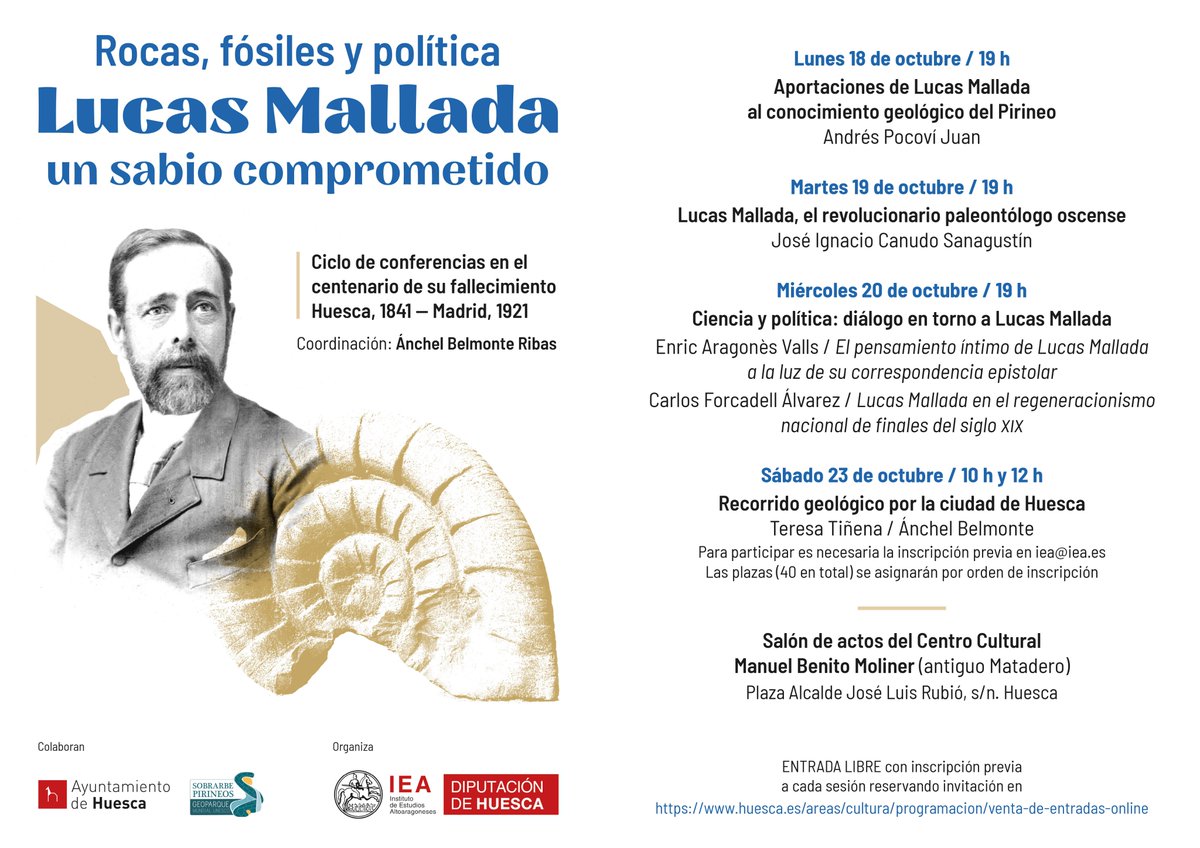 SobrarbeGeopark's tweet photo. Otoño cargado de #cultura geológica. La semana que viene jornadas homenaje a #LucasMallada en el centenario de su fallecimiento. Gran oportunidad de conocer a este sabio oscense. Colaboramos en su organización con el @iea_huesca @DPHuesca #geología @CulturaAragon @ComEspGeoparque https://t.co/j5InRkRBzN