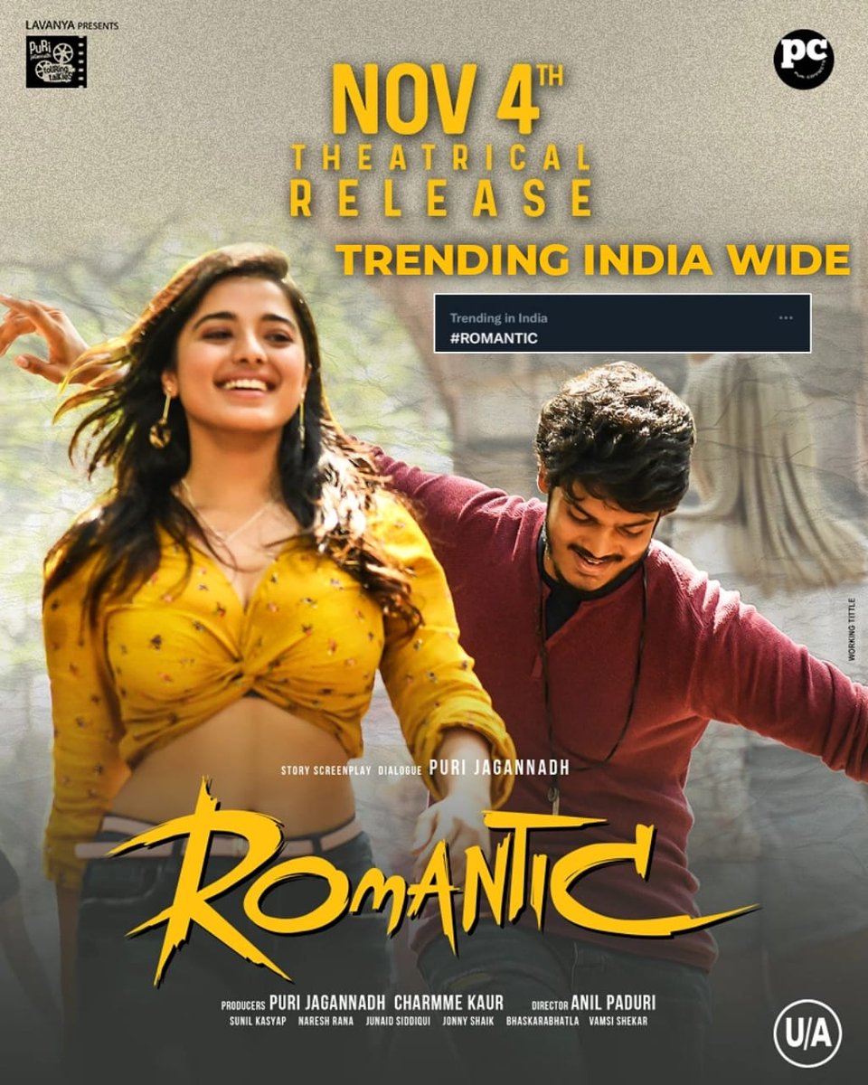 #ROMANTIC trending India wide 💥 💥 

Releasing worldwide Nov 4th,2021 in Theatres near you. ❤️
#PCfilm @ActorAkashPuri #Ketikasharma @meramyakrishnan #PuriJagannadh @Charmmeofficial #AnilPaduri @PuriConnects @IamVishuReddy 
#RomanticOnNov4th