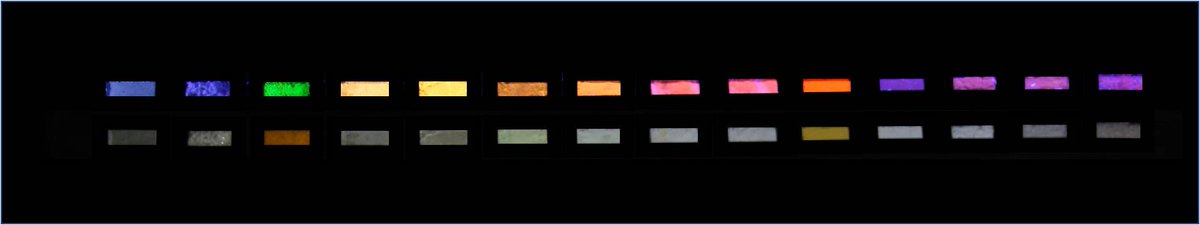 aravindIITM's tweet photo. My students collected various halide perovskites from their desks and took a nice snap under UV (top row). These perovskites are beautiful emitters.. #perovskite #halideperovskites @iitmadras #LED #emitters #lightemitters #rainbow https://t.co/6hr0JE6P9a
