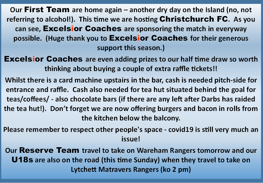 PortlandUnited's tweet photo. Lots of reasons to visit The Isle tomorrow and then spend the afternoon at The Camp &amp; Satherley Stadium as we welcome @ChristchurchFC_ in @nls_wessex. 64-page printed programme will be on sale. Thanks to our sponsors @ExcelsiorCoach https://t.co/saIGMHV73E