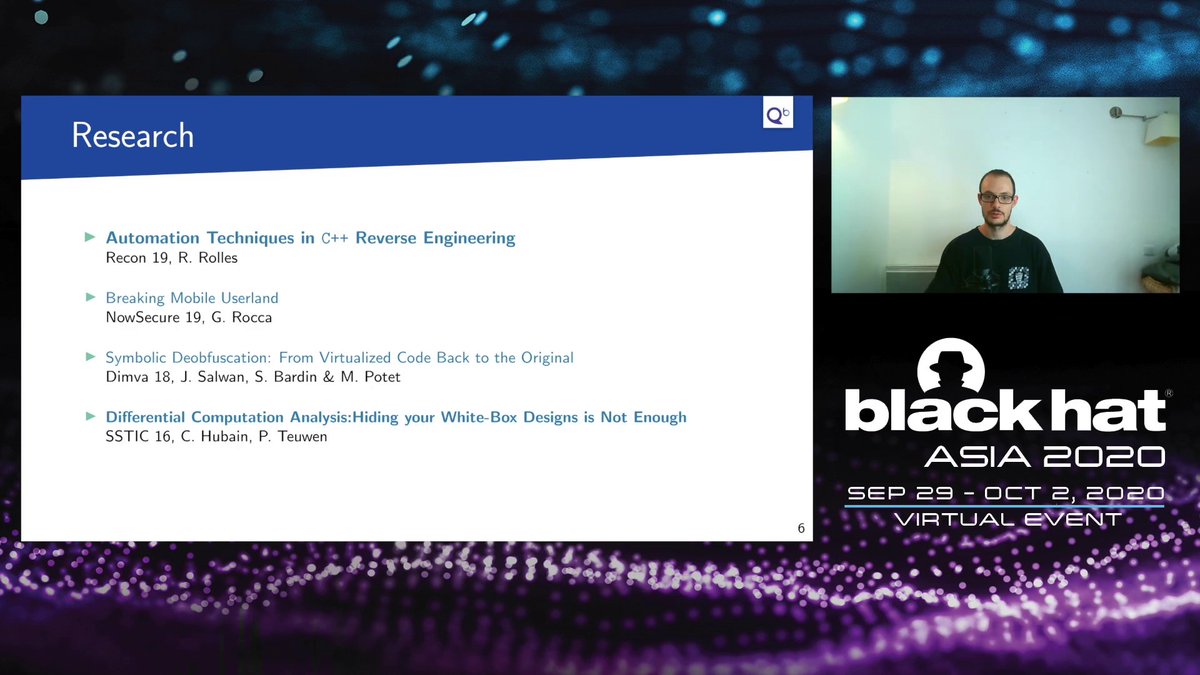 The video of the 2020 talk <a href="/BlackHatEvents/">Black Hat</a> about de-obfuscation with Dynamic Binary Instrumentation is here:  

youtube.com/watch?v=MRku-2…

📃 Slides, Whitepaper &amp; demo: romainthomas.fr/publication/20…