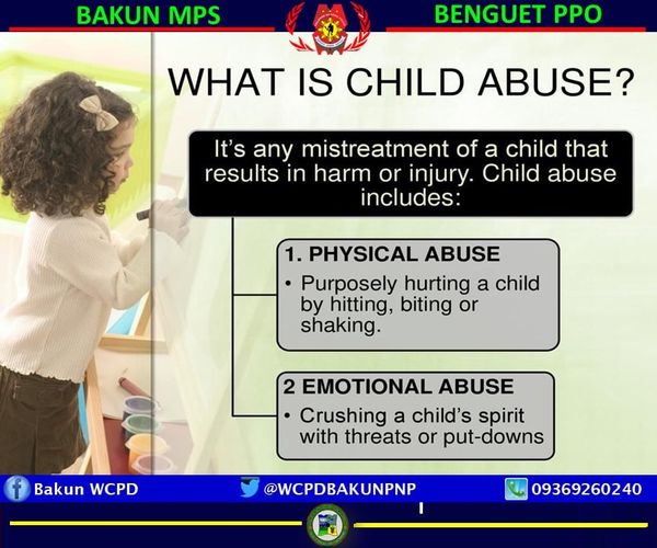PNPBenguetBakun's tweet photo. Make your home a violence-free zone
Remember that child abuse often repeats itself in the next generation. By doing what you can to prevent it today, you can help save children's lives far into the future.
#helpstopchildabuse
#PNPKakampiMo
#PNPCares https://t.co/pVGt1jdNfn