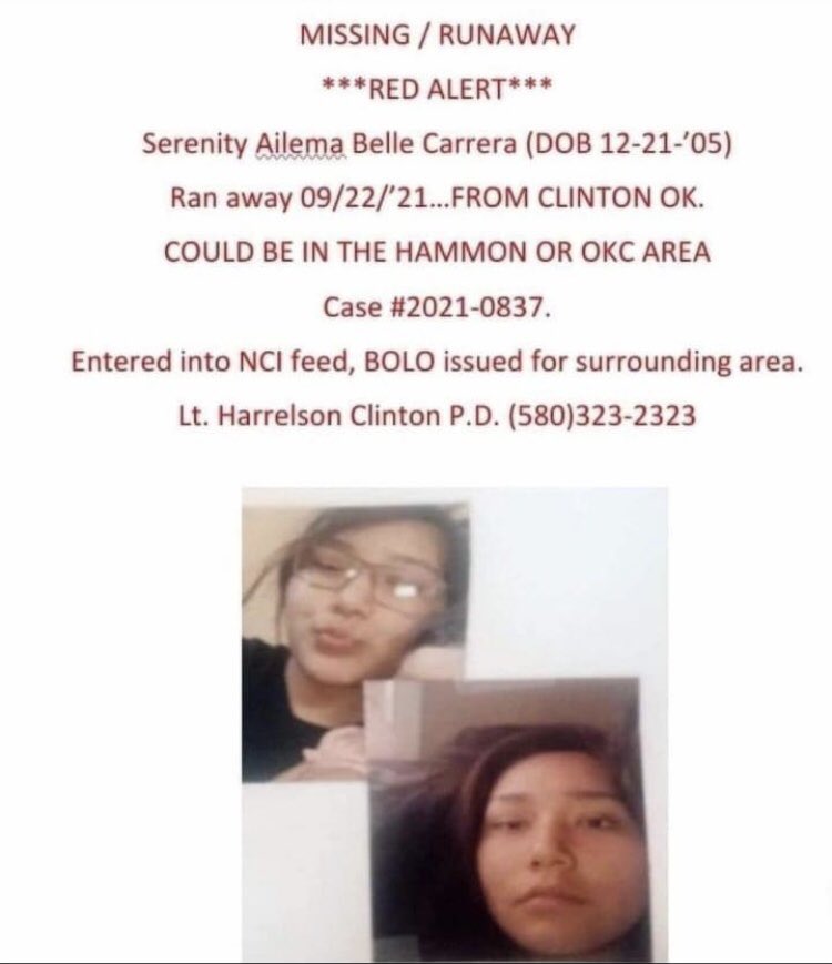 UsaMmiw's tweet photo. 🛑MISSING🛑
SERENITY CARRERA 

missing from Clinton, Oklahoma on 9/22/21
#mmiw #mmiwg #NativeTwitter #Oklahoma #missingoklahoma https://t.co/aNjqjcgcmK