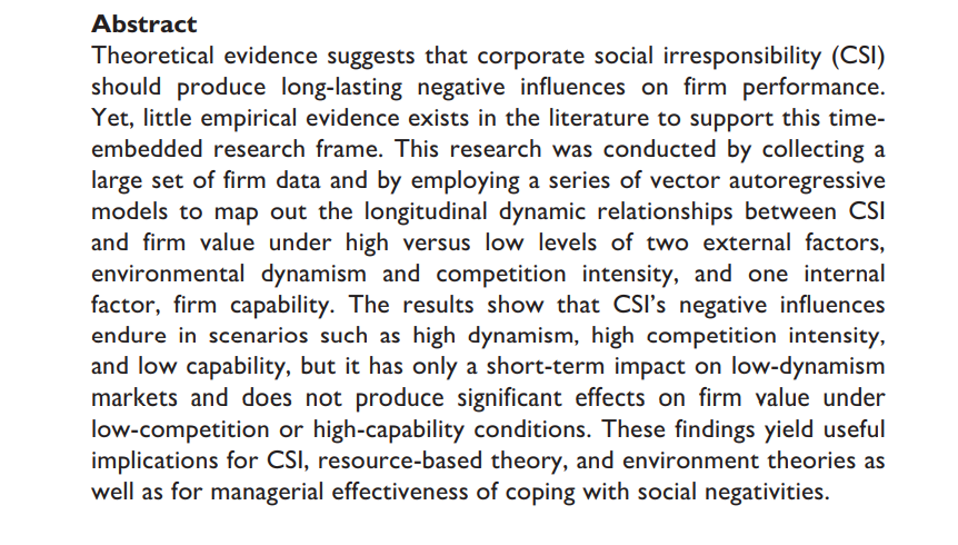 BASeditors's tweet photo. Abstract from new study by Wenbin Sun and Zhihua Ding on corporate social irresponsibility and #firmvalue. #CSR. Read more here: https://t.co/8prCM1ajHg https://t.co/fDTdla8R25