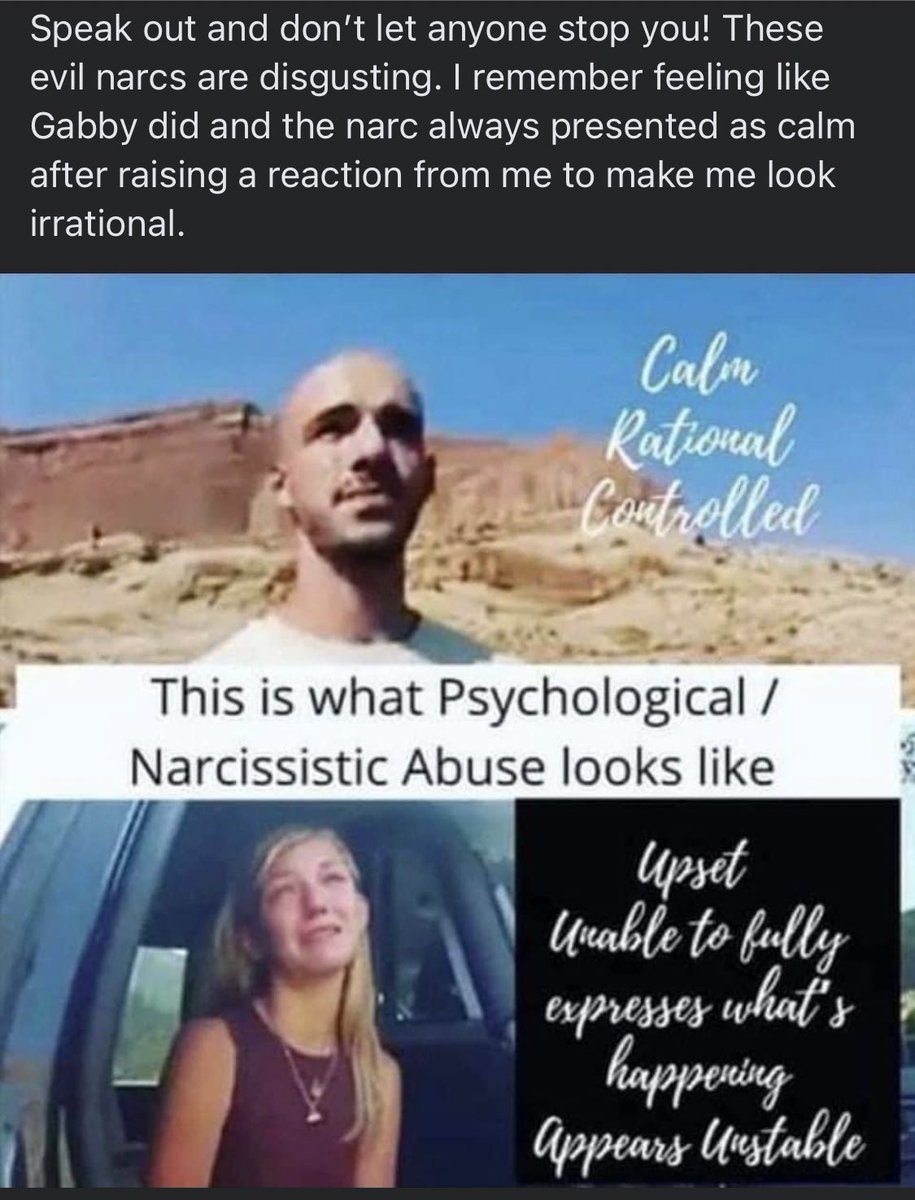 Erind13's tweet image. This is so sad&amp;amp;so true! Wks ago I was asked how I thought she died, &amp;amp; I said strangulation. Had a feeling cause of experience. If U know someone try to get them out. It’s no way to live, it’s extremely traumatizing,&amp;amp;it’s no way to die. #Narcissist #ripgabbypetito #victimsofabuse