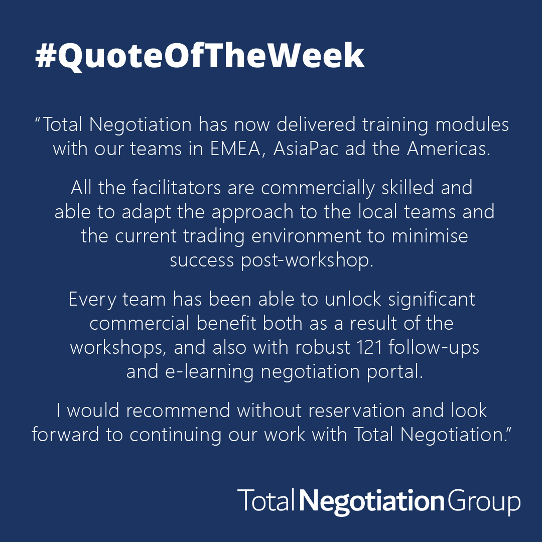 Tot_Negotiation's tweet photo. Great to hear from the Global Capability Director following our Revenue Management programme. If you’re interested to find out how we can support you, please email us at info@totalnegotiation.com!
#TotalNegotiation #NegotiationSupport  #Training #SupplierPartner #QuoteOfTheWeek https://t.co/R8WDKiB1Lg