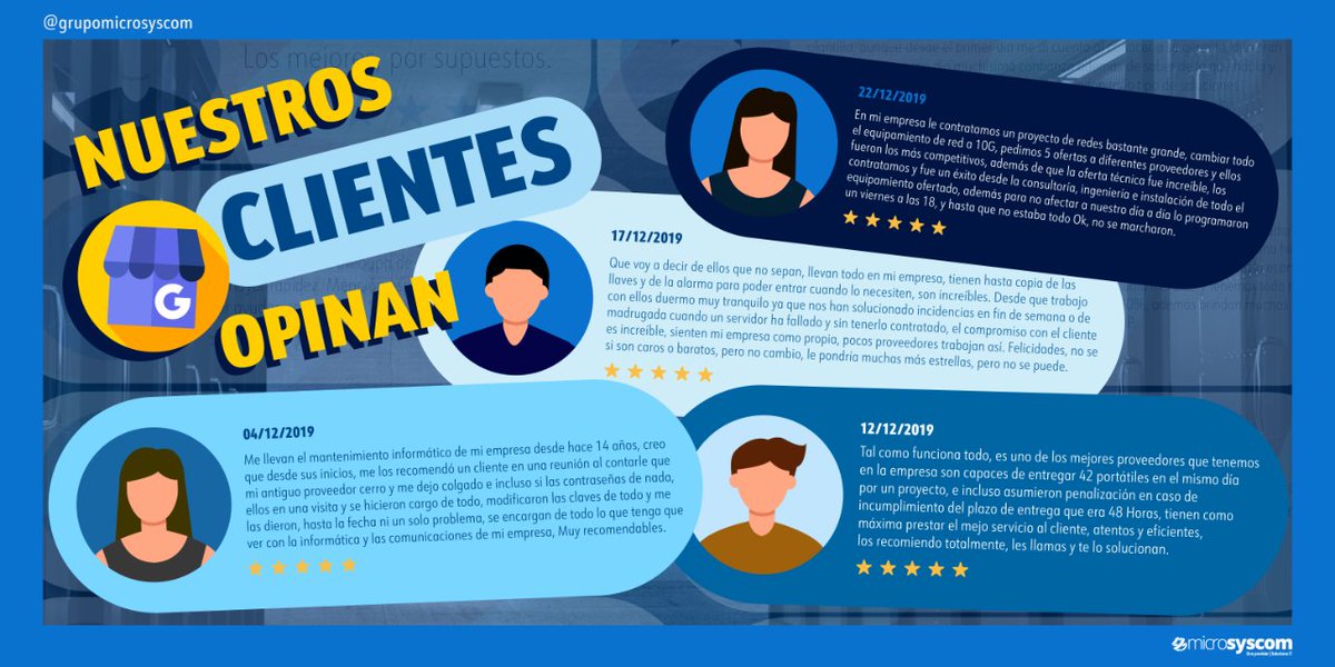 microsyscom's tweet photo. ¡Os traemos un espectacular post! ⬇️👍 Queremos resaltar los buenos comentarios y calificaciones de todos nuestros clientes en nuestra cuenta de #googlemybusiness. ☺️⭐ Aquí te dejamos el link para que podéis dejar vuestros comentarios ➡️ https://t.co/LX9zEjyEBm
#microsyscom https://t.co/v0pocIWA56
