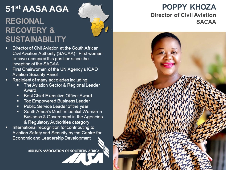 AirlinesAssocof's tweet photo. The @OfficialSACAA DCA, Ms @poppy_khoza_ will be sharing C-suite perspectives on Regional Industry Recovery at AASA’s 51st AGM on Thursday, 28 Oct @ 12:00 SAST/ 10:00 UTC.
#AASA #RegionalRecovery #TimeToReconnectAfrica https://t.co/t6OgqidlyY