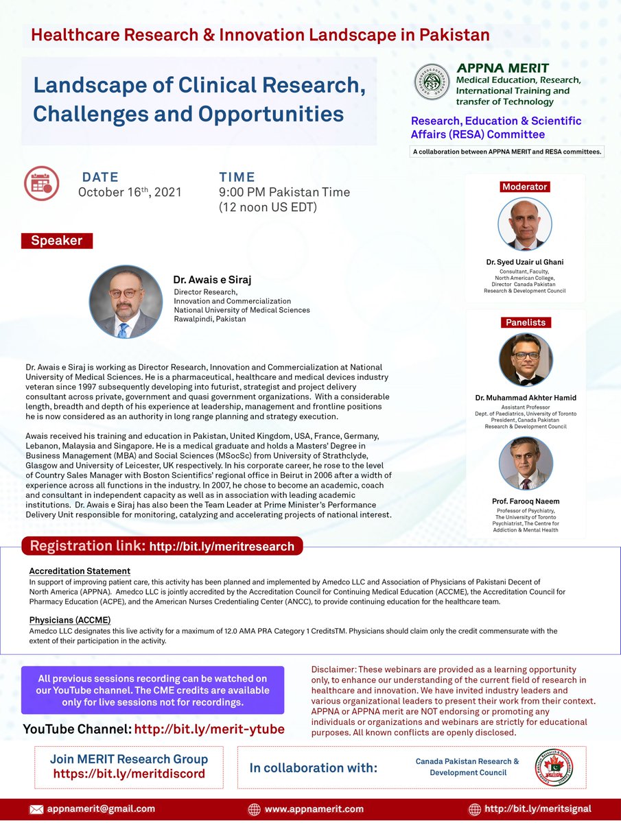 YaranWatan's tweet photo. 🟥 APPNA MERIT WEBINAR!
MERIT Health Care Research in Pakistan – Webinar Series
Topic: Addressing Critical Areas of Blood Transfusion Safety in Country
📕Saturday, 9th October 2021
🕘9:00 PM Pakistan Standard Time
Registration link: https://t.co/GdvmeFbJeq https://t.co/6gw1MfhHxg