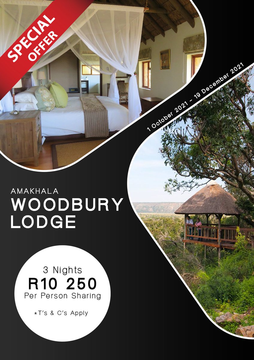 AmaZing specials!!!! 
Pay only R10 250per person sharing for a 3-night stay @ Woodbury Lodge on Amakhala Game Reserve.
Contact East Cape Tours NOW for more information on this amazing Big 5 Safari Get Away Special!
Email: reservations@eastcapetours.com 
#SOUTHAFRICAISTRAVELREADY