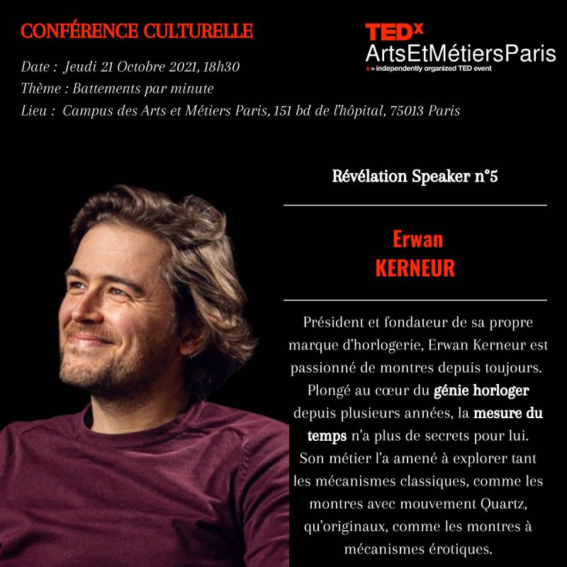 TEDxAM's tweet photo. Pour démarrer la journée, voici la révélation de notre 5ème speaker : Erwan KERNEUR ! Plus que 2 !

Lien de la billetterie : https://t.co/1D0RI9yVad

#TEDxArtsEtMétiersParis #TEDx #ArtsetMétiers #ENSAM https://t.co/3Kb5pQxtyI