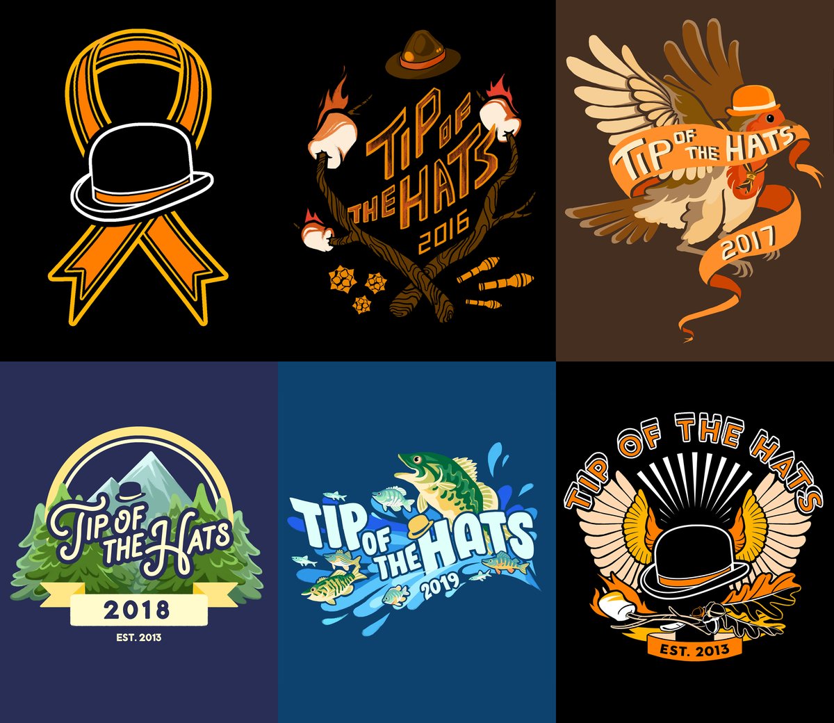 Was looking at all the past shirt designs I did for <a href="/TipoftheHats/">Tip of the Hats 🧡 (2013-2021)</a> today.  Plus all the art for emotes, enamel pins, stickers, and other merchandise- looking through it all was really fun to see how my art evolved.  It never stops being incredible seeing people wear them.