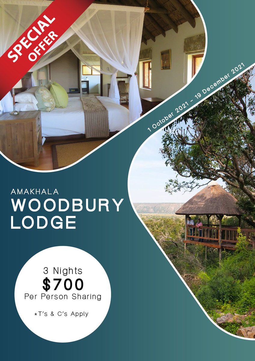AmaZing specials!!!! 
Pay only $700 per person sharing for a 3-night stay @ Woodbury Lodge on Amakhala Game Reserve.
Contact East Cape Tours NOW for more information on this amazing Big 5 Safari Get Away Special!
Email: reservations@eastcapetours.com
#SOUTHAFRICAISTRAVELREADY