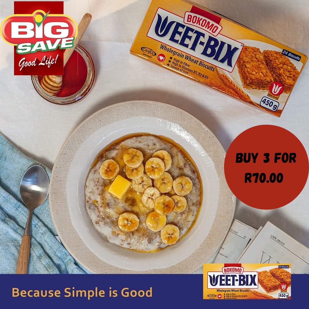 Breakfast filled with all the nutrients you need to kick start your day!🥣

Purchase 3 x 450g Bokomo Weet - Bix for R70.00 

Available on our Buy More Save More promo valid until 30 October 2021.

* Excluding Big Save Tshwane Market and Big Save Evaton*

#bokomo #weetbix