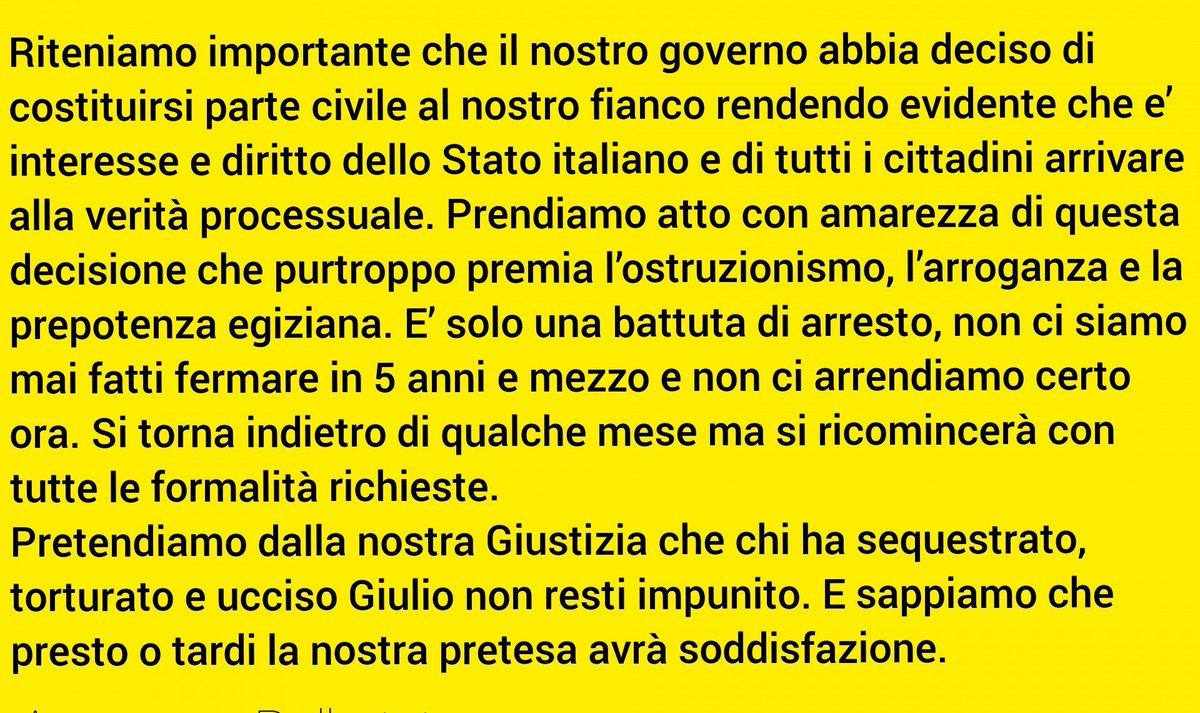 Qui il comunicato integrale della famiglia #Regeni e del legale, Alessandra Ballerini.

#veritapergiulioregeni #VeritaeGiustiziaperGiulio #15ottobre