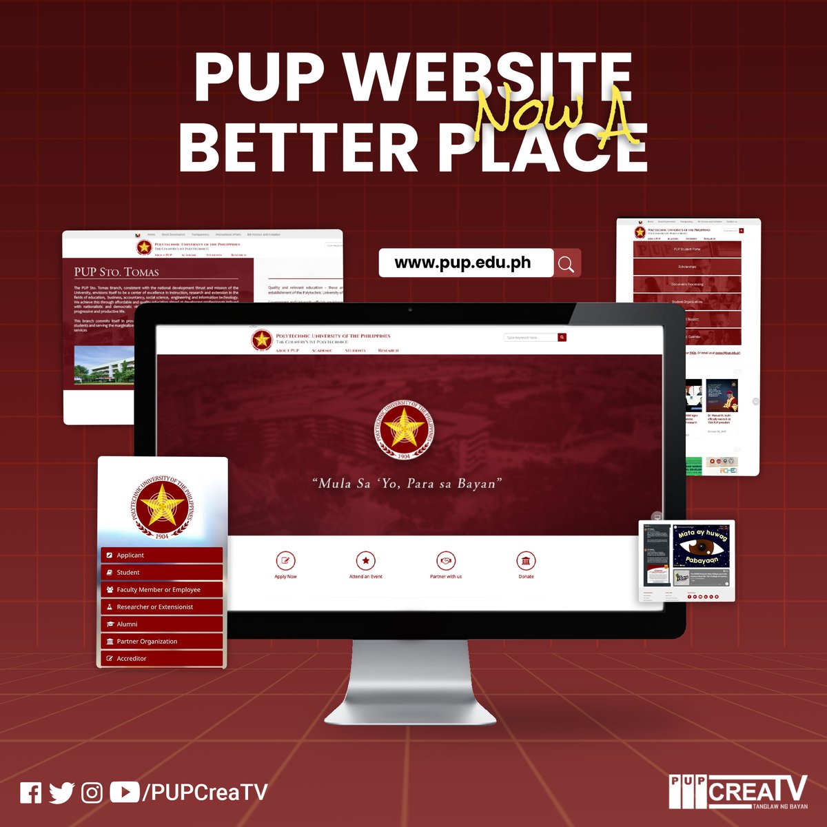 PUP CreaTV (@pupcreatv) on Twitter photo Is-cool-mate! Nasilip mo na ba ang bagong PUP Website?
Bagong bihis ang ating website para mas mabilis at madaling mahanap ang iyong mga kailangan. Pwede mo pa ring mapanood ang PUP CreaTV at mapakinggan ang <a href="/pupiskolaradio/">PUP IskolaRadio</a> mula sa bagong website.
pup.edu.ph Is-cool-mate! Nasilip mo na ba ang bagong PUP Website?
Bagong bihis ang ating website para mas mabilis at madaling mahanap ang iyong mga kailangan. Pwede mo pa ring mapanood ang PUP CreaTV at mapakinggan ang <a href="/pupiskolaradio/">PUP IskolaRadio</a> mula sa bagong website.
pup.edu.ph