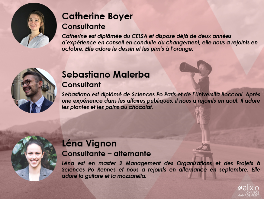 AlixioChange's tweet photo. 📢 L’équipe d’Alixio Change Management se renforce !

Pour toujours mieux accompagner nos clients dans leurs projets de transformation, le collectif d’Alixio Change Management grandit. 🚀

Bienvenue à nos nouvelles recrues Sebastiano Malerba, Catherine Boyer et Léna Vignon ! 👋 https://t.co/4cjIrLUnNo