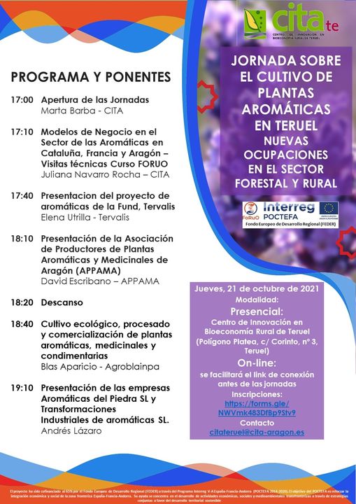 CITAAragon's tweet photo. Jornada sobre el cultivo de plantas aromáticas en Teruel 

📅21 de octubre 🕰 17.00 h.  a 19.30 h. On line y presencial en @CitaTeruel  

Inscripciones:https://t.co/wenBYcWiTg

#bioeconomía #aromáticas #teruel #transferencia  #FORUO @CTPPOCTEFA https://t.co/HYQAsbathw