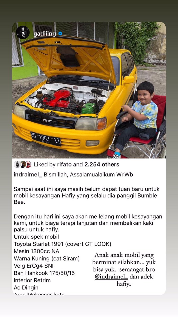 indraimel's tweet photo. TWITTER PLEASE DO YOUR MAGIC!

Hafiy berencana mau jual mobil kesayangan Hafiy, namanya Bumble Bee, Toyota Starlet 1991(covert GT LOOK) Harga dan spek mobilnya DM ayah aku ya, terima kasih🙏🏻
@pergijauh @pandji @gadiiing @gubuknetijen @Poconggg https://t.co/RKmw5gEQbf