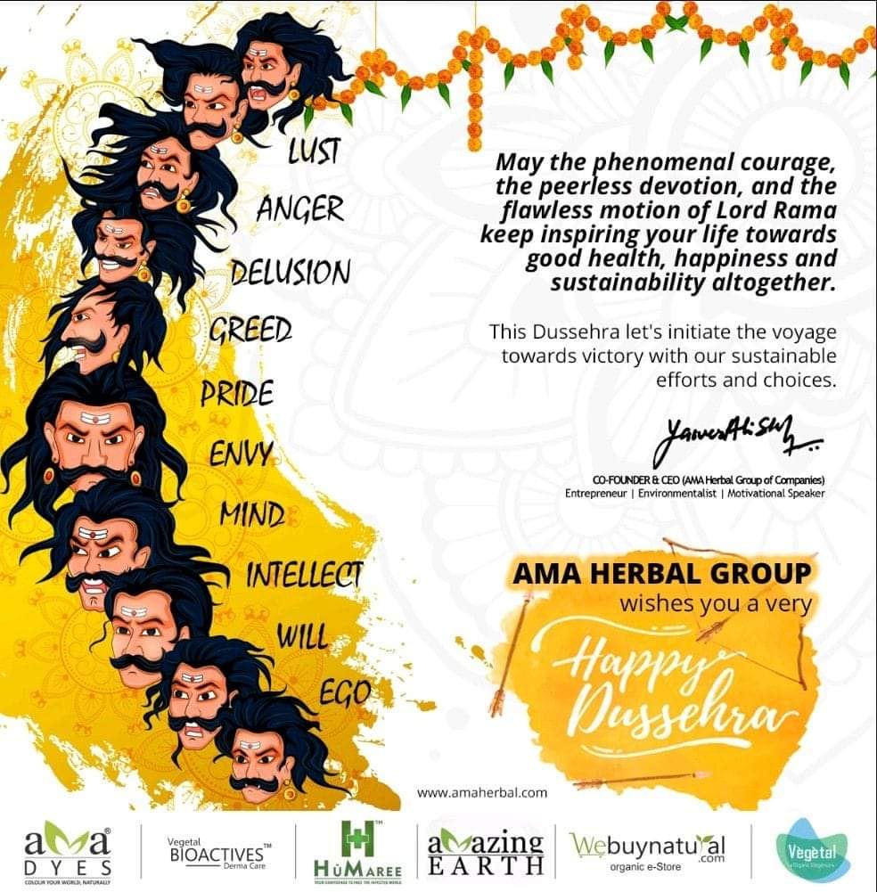 WeBuyNatural's tweet photo. Let's celebrate the victory of good over evil with great enthusiasm #AMA_Group wishes you and your family a very Happy #Dussehra.

#VijayaDashami #VegetalBioactives https://t.co/WEBKbhuGz1
