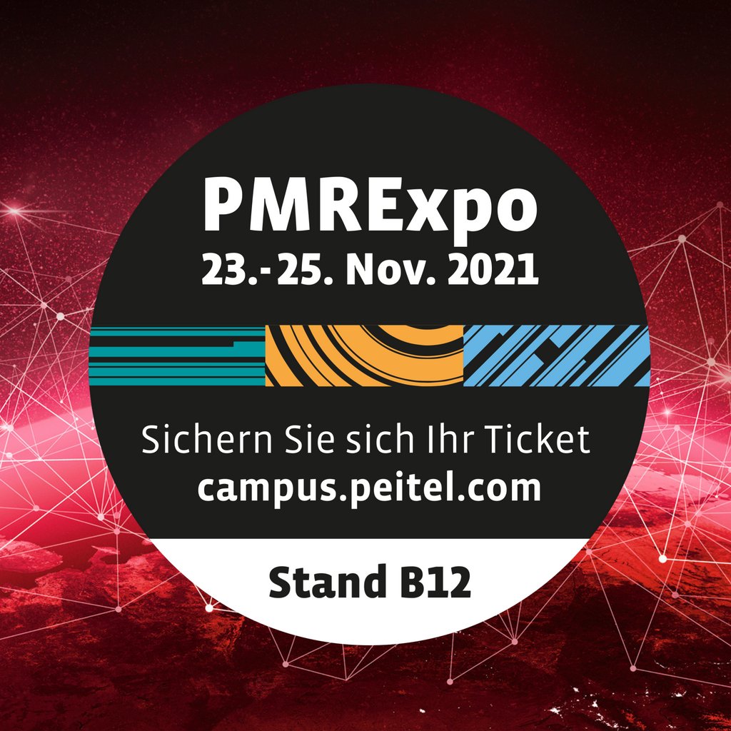 Wir sind dabei - PMRExpo 2021!

Wir freuen uns Sie dieses Jahr persönlich auf der PMRExpo in Köln begrüßen zu dürfen. Auf der PMRExpo zeigen wir aktuelle Innovationen und Produkte.

Sichern Sie sich schon heute Ihr Ticket unter: campus.peitel.com