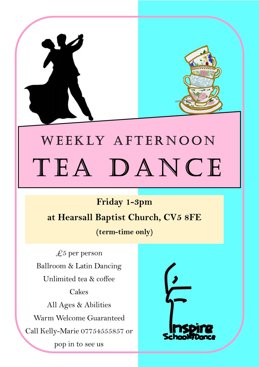 InspireSoD's tweet photo. Today is Friday &amp; that can only mean one thing ... it's Tea Dance time! Come along to Hearsall Baptist Church 1-3pm for unlimited tea, cake &amp; dancing. Suitable for all ages &amp; abilities. Warm welcome guaranteed. £5 per person. @TheIDTA #ballroomdancing #teadance  #Coventry https://t.co/YcX2nRzjrc