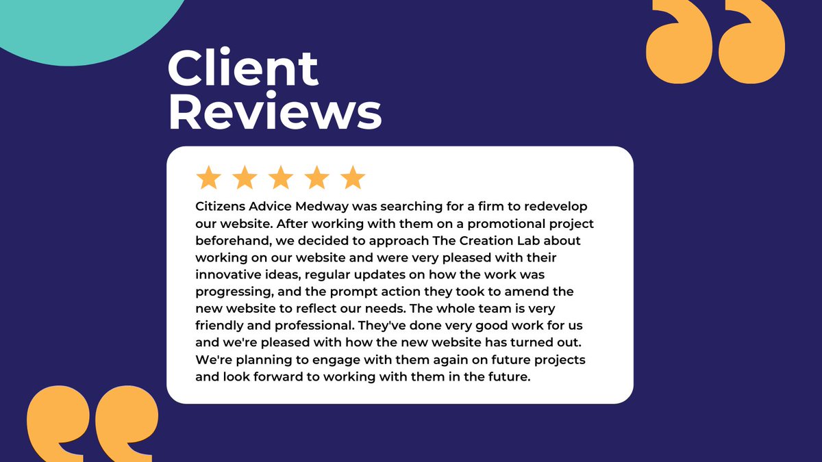 Positive feedback is always lovely to hear!💙

Thank you to @CitizensAdviceMedway who left us this fabulous review!⚡

Encouraging consumers to review your company is an easy way to expand your brand's reach🚀

#thecreationlab #digitalmarketingagency #marketing #creativeagency