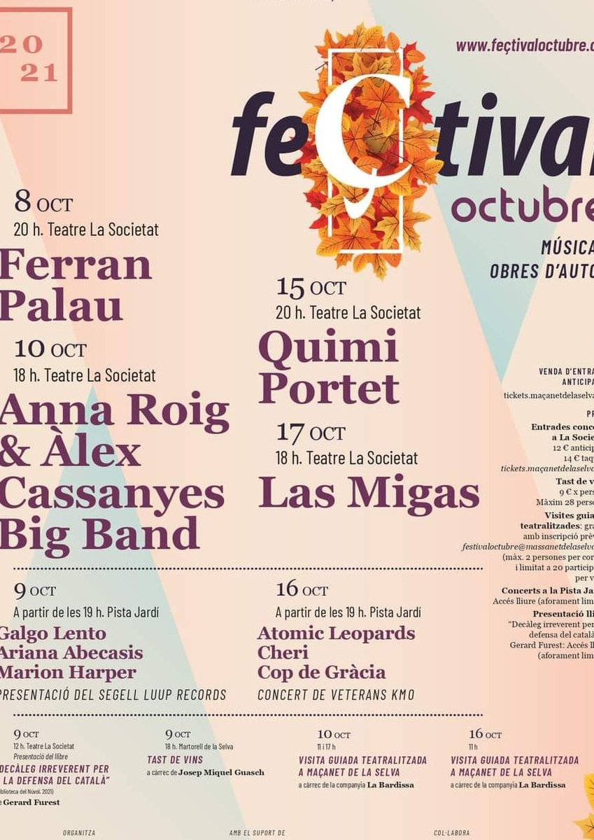 Ya queda menos, mañana estaremos en el <a href="/festivaloctubre/">feÇtival octubre</a>   dando un poquito de nosotros, junto con @ATOMICLEOPARDS   y <a href="/CopdeGracia/">CopdeGràcia</a> . 

Cartel variado para una tarde/noche de sábado. 
No os lo podéis perder.
Os esperamos  ¡¡¡¡