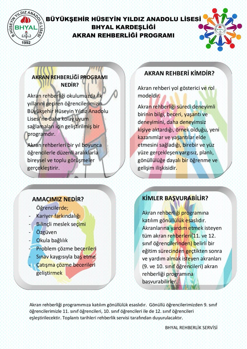 Beylikdüzü Huseyin Yildiz Anadolu Lisesi "AKRAN KARDEŞLİĞİ "Projemize basliyoruz.Projemizle ogrencilerimiz arasinda sorumluluk duygusu,dayanisma bilinci,paylasma gudusu,güçlü kurum kültürü  gibi cok yonlu kazanimlar elde etmeyi planliyoruz.
<a href="/memleventyazici/">Levent Yazıcı</a> 
<a href="/Yafesbakirci/">Yafes Bakırcı</a> 
<a href="/tcmeb/">Millî Eğitim Bakanlığı</a>