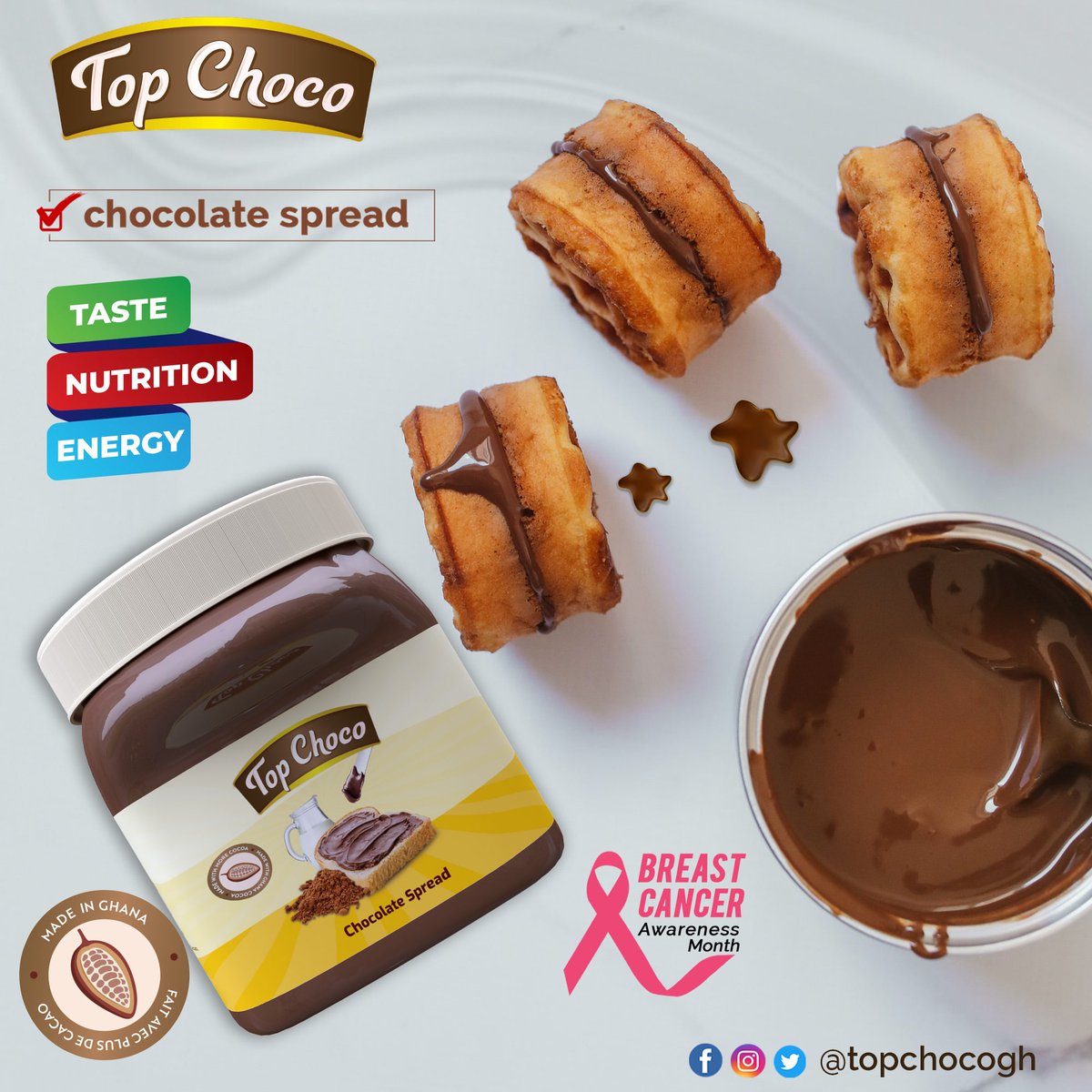 topchocogh's tweet photo. Make every bite a delight with Top Choco Chocolate Spread! 

#Topchoco #topchocospreadtheenergy #topchocolate #spreadtheenergy #chocolate #topchocospreadthelove #madeinghana https://t.co/z5vxHrIIqK