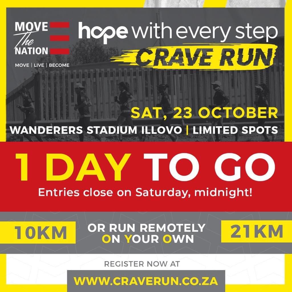 1Day To Go Before Registrations Close on Sat Midnight!!! Don’t forget to register on craverun.co.za 
#MoveTheNation #CraveRun