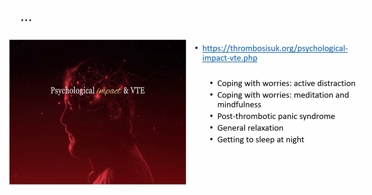 Paul Bennett explained that <a href="/ThrombosisUK/">Thrombosis UK</a> is an amazing charity and on their website they have a lot of help of dealing with the psychological aspects of thrombosis. I will definitely be visiting this site. Website address is on the attached slide from his lecture.