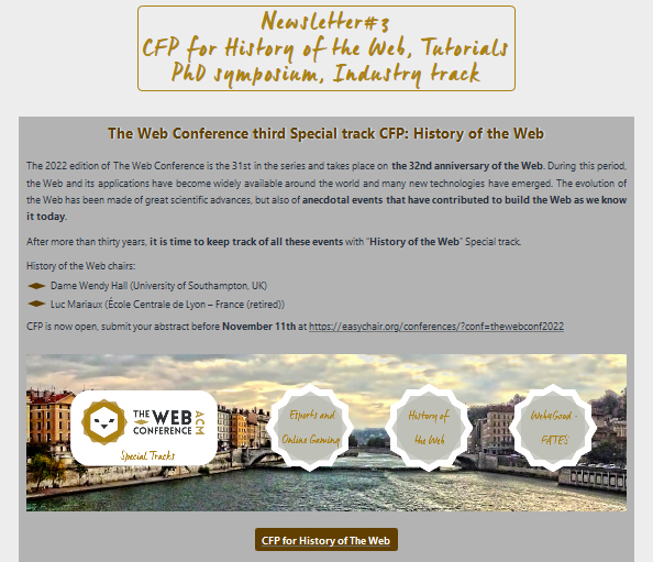 TheWebConf's tweet photo. New month=new #TheWebConf 2022 Newsletter! 📬😀Take a look at it  https://t.co/KSMy5O64p3 to learn more about the Industry track and CFPs for the Special track on History of the web, Tutorials and PhD Symposium.
#HistoryOfTheWeb #Tutorials #PhDSymposium #Web #Industry #innovation https://t.co/Oqa9gwen1M