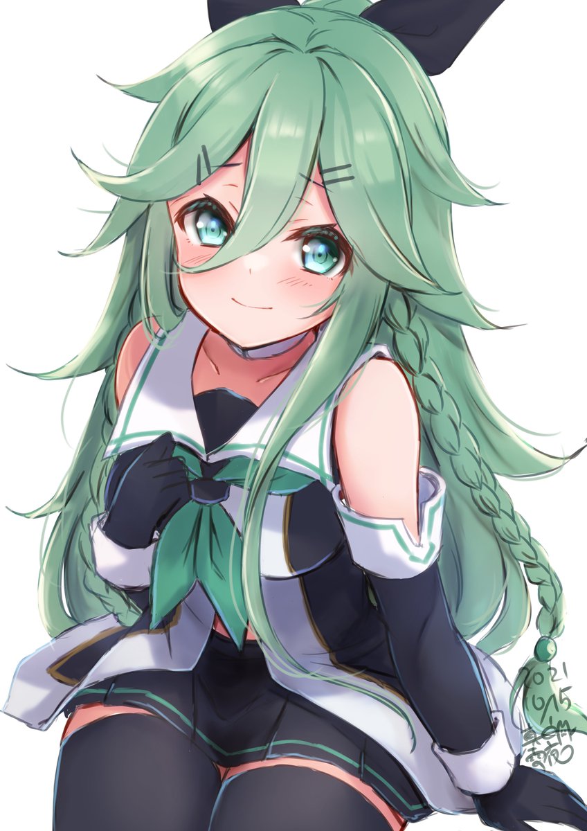 yamakaze (kancolle) 1girl solo long hair serafuku green neckerchief black serafuku school uniform  illustration images