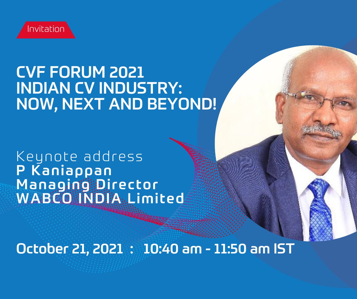 Join us at the upcoming Commercial Vehicle Forum (<a href="/CVFpune/">Commercial Vehicle Forum (CVF)</a>)! Mr. P. Kaniappan, MD, WABCO India Limited &amp; other leading industry experts will discuss the trends &amp; technologies that will shape the CV industry in #India in the short, medium, and long term. ➡️ bit.ly/3lBvg9E