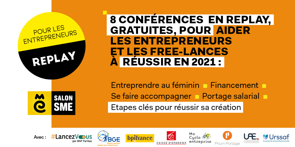 #SalonSME Toutes les conférences de notre #JournéeLive 🔴 du 14/10 sont disponibles (gratuitement) en replay ▶️.

Avec <a href="/Reseau_BGE/">BGE</a>, @UnionAE, <a href="/urssaf/">Urssaf</a>, @WE_BNPP, <a href="/Bpifrance/">Bpifrance</a>, @Entrepreneurs, <a href="/priumportage/">Prium Portage - Portage salarial</a> et nos différents intervenants. 

Rendez-vous ici. 👉 ow.ly/8ACh50GrSOz
