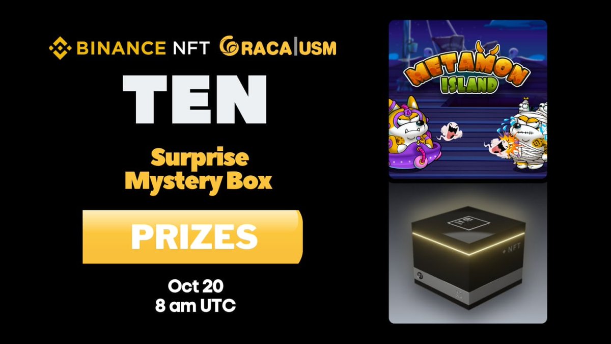 Great AMA with RACA and launch of Metamon Mystery Boxes

To Celebrate - Surprise Mystery Box Prizes!

RULES:

🔶Follow <a href="/RadioCacaNFT/">Follow @RACA_3</a> and <a href="/TheBinanceNFT/">Binance NFT</a>
🔶Like, RT, Tag 3 friends
🔶Join TG: t.me/RadioCaca &amp; t.me/binancenfts 

For 10 winners. Ends Oct 20, 8AM UTC
