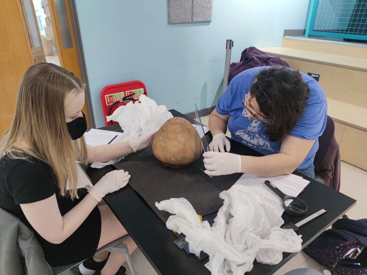 DrKenGriffin's tweet photo. Thanks to the wonders of Zoom, Christian can lead the session remotely while I help the students with their vessels from @TheEgyptCentre. Today is the first time they have seen them, so some initial observations and training on measuring them! #objectcentredlearning @SwanseaUni https://t.co/Kxwh40FPnD