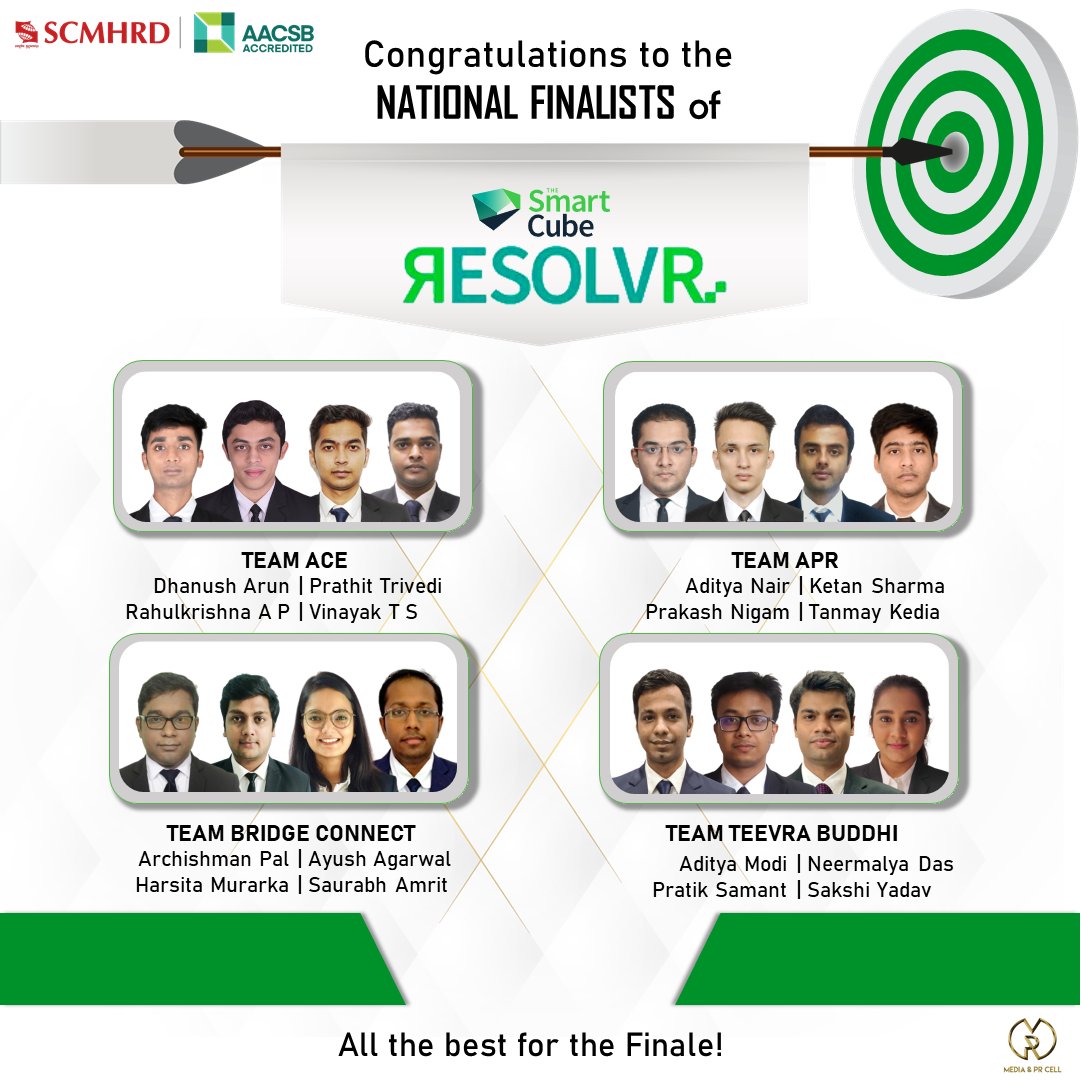 SCMHRDian's tweet image. We are delighted and proud to share that the following teams have moved into the National Finals of Reslovr 2021, organized by The Smart Cube Limited. Team - APR, Teevra Buddhi, Bridge Connect &amp;amp; Ace. Wish them all the best for the Finale.
#Resolvr2021 #TheSmartCube #SCMHRDxp