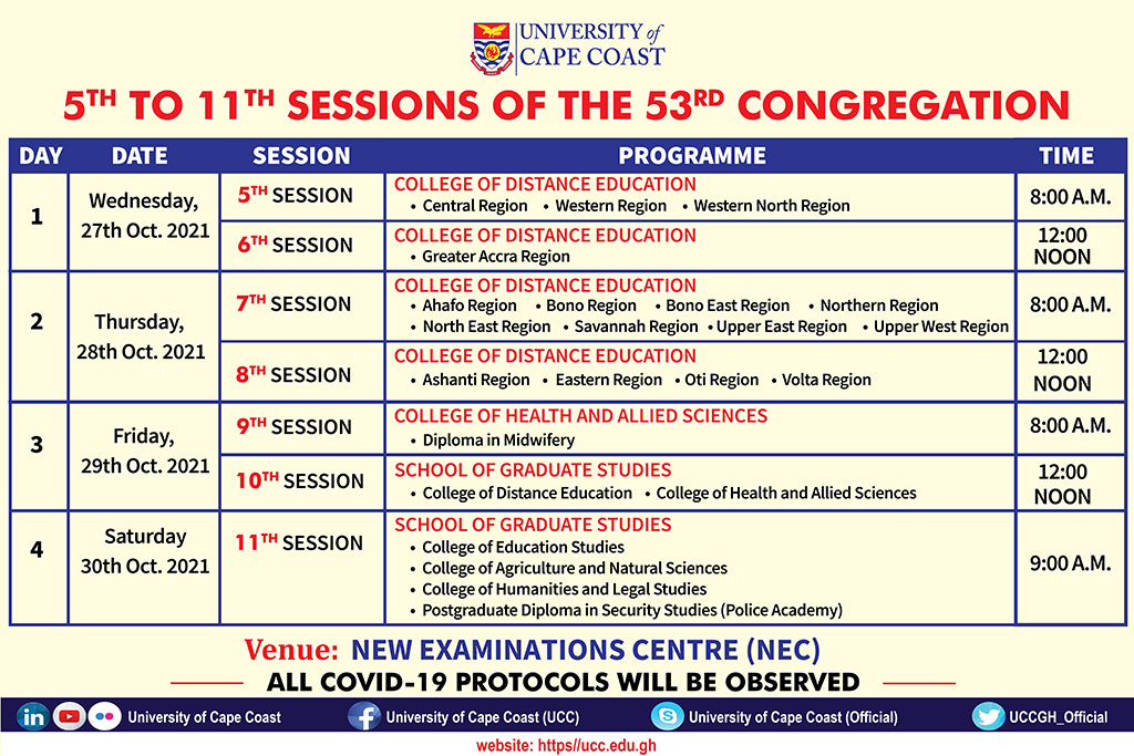UCCGH_Official's tweet photo. 5TH TO 11TH SESSIONS OF THE 53RD CONGREGATION. #UCC #CapeVars #UniversityofCompetitiveChoice #53rdcongregation

Read more at... https://t.co/yU7fvlp0hw https://t.co/sBT46dKhmk