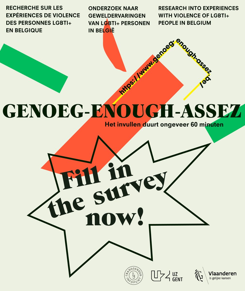 Voor we het weekend invliegen nog een warme oproep om deel te nemen aan de vragenlijst naar ervaringen met geweld van LGBTI+ personen! Heb je al deelgenomen? Aarzel dan niet om het onderzoek te delen.

<a href="/GelijkeKansen/">Gelijke Kansen</a> <a href="/BartSomers/">Bart Somers</a> @cavariatweet <a href="/faceatoimeme/">Face à Toi Même</a> <a href="/Sensoa_be/">Sensoa</a> @WJNH_jeugd