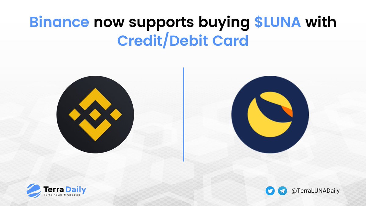 TKRAirdrop's tweet photo. 🚀 Hey #LUNAtics , @binance now supports purchasing $LUNA directly with your credit/debit card. One more step to help push $LUNA to the moon 

👉 Learn more at:  https://t.co/08IwUkt0x4

#Terra $UST https://t.co/Y9ARAMwaNO