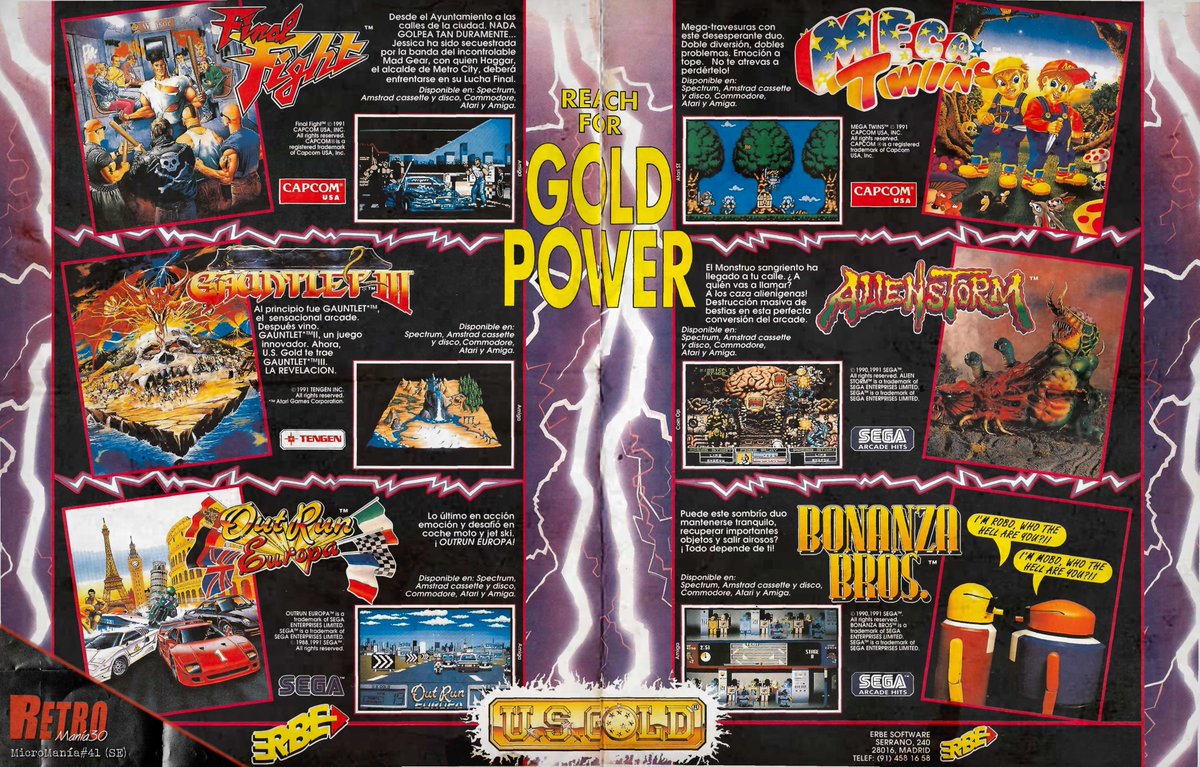 rm30podcast's tweet photo. Ahí tenéis más publicidad aparecida en MicroManía#41 (SE). Esta doble página promocional de #USGold & #Erbe no podía ser más noventera... y molona! XD. #FinalFight #Gauntlet3 #OutRunEuropa #MegaTwins #AlienStorm #BonanzaBros https://t.co/ndrUdL3Pd8