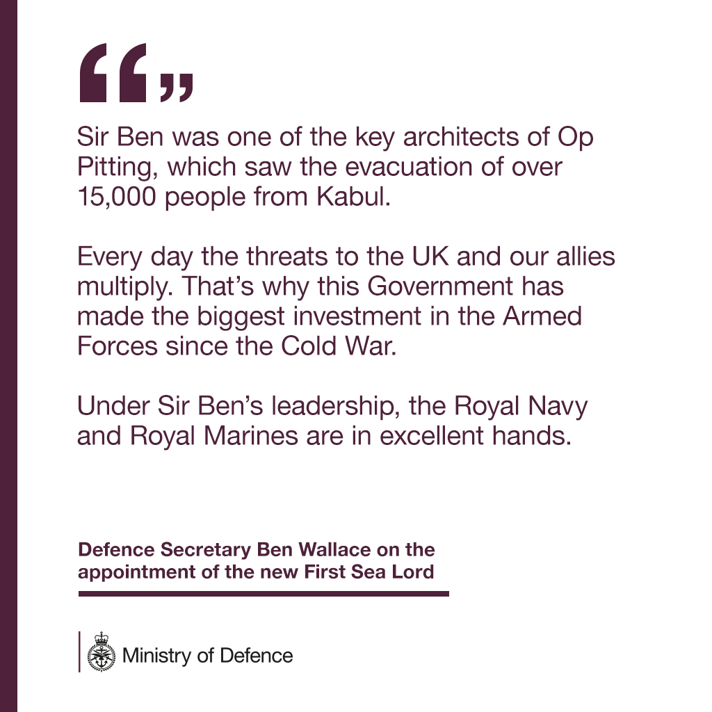 DefenceHQ's tweet photo. Vice Admiral Sir Ben Key is to be appointed the new First Sea Lord and Chief of the Naval Staff.

Defence Secretary @BWallaceMP has congratulated Sir Ben on his appointment. https://t.co/K1xgt9ugRg