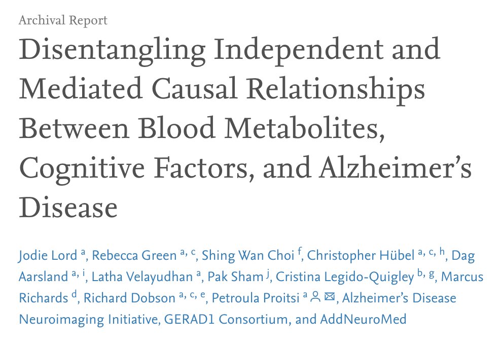 Our latest paper is now available in Biological Psychiatry: GOS: doi.org/10.1016/j.bpsg… Here, we used #PRS to screen for metabolites with genetic relevance to #AD, then #MR to interrogate causal relationships & disentangle possible mediation with cognition factors. 1/n 🧵👇